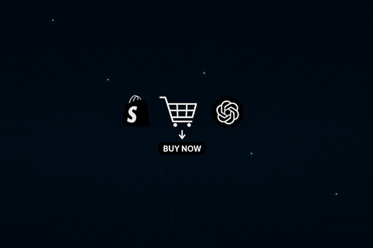 An image of a digital shopping cart between the Shopify and ChatGPT logos, illustrating AI-powered e-commerce integration on a tech-inspired dark background with a 'Buy Now' button.